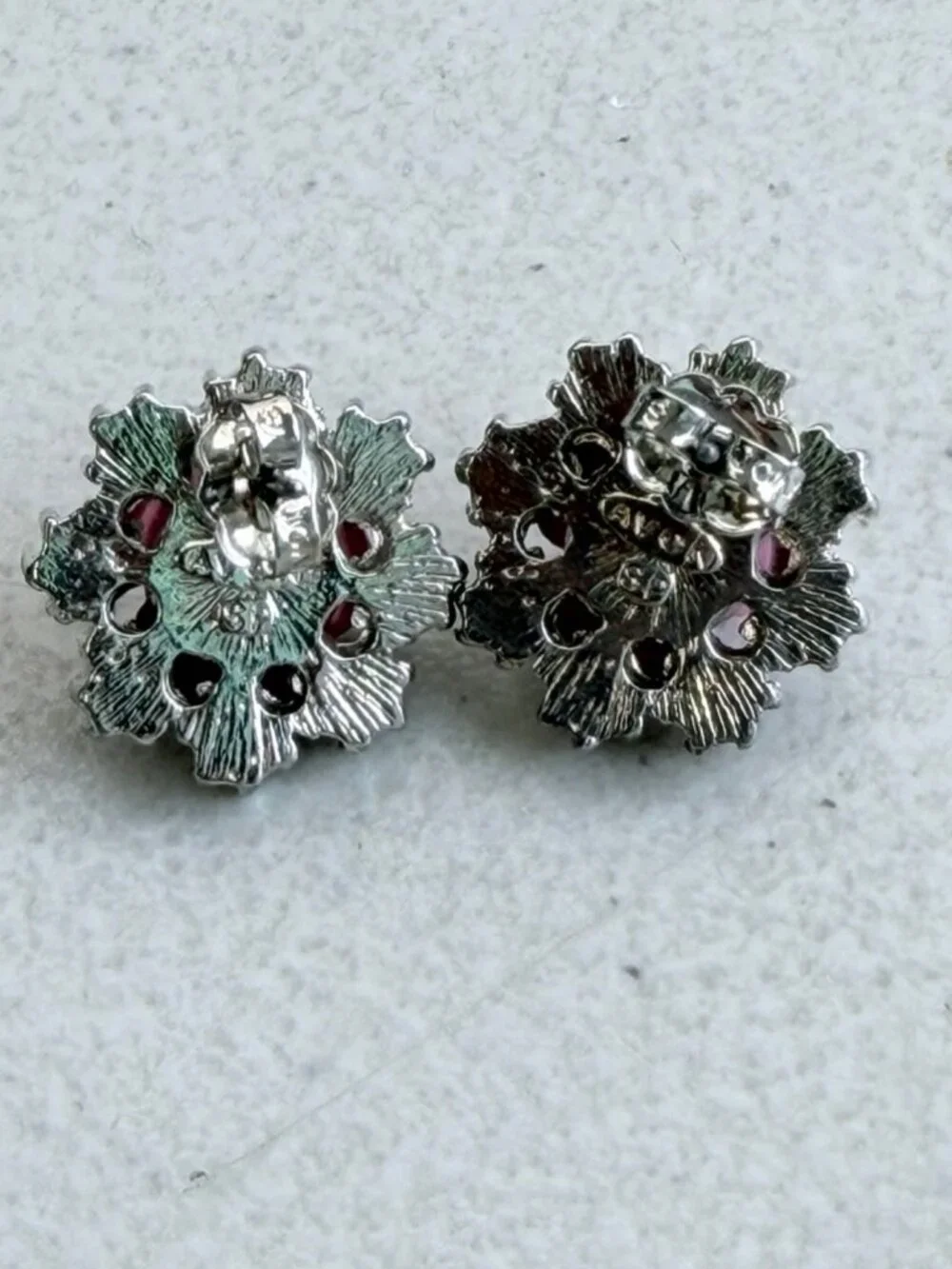 Vintage Rose & Crystal Stud Earrings 1960s Pink Floral Rhinestone Jewelry - Picture 3 of 4